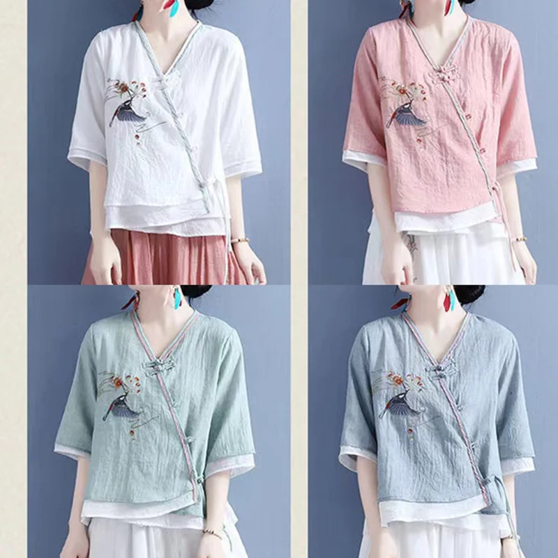 

China Style Retro Thin Tops Summer Chinese Traditional Shirts Tang Suit Hanfu Linen Clothing for Women Ethnic Female Cheongsam