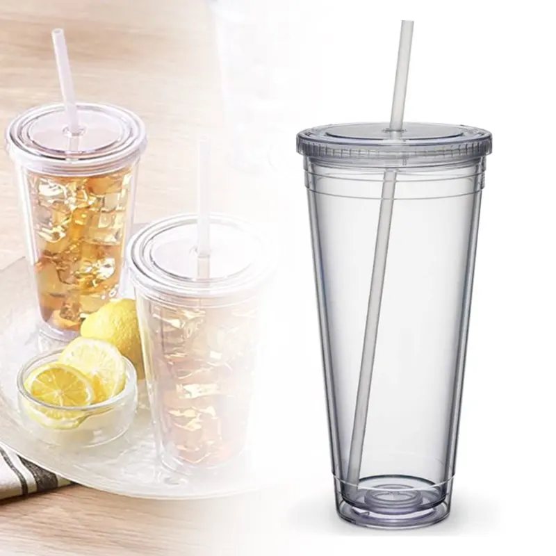 

500ML/650ML Insulated Double Wall Plastic Tumbler Cup with Lid,Reusable Summer Cold Drink Iced Coffee Cups With Lids And Straws