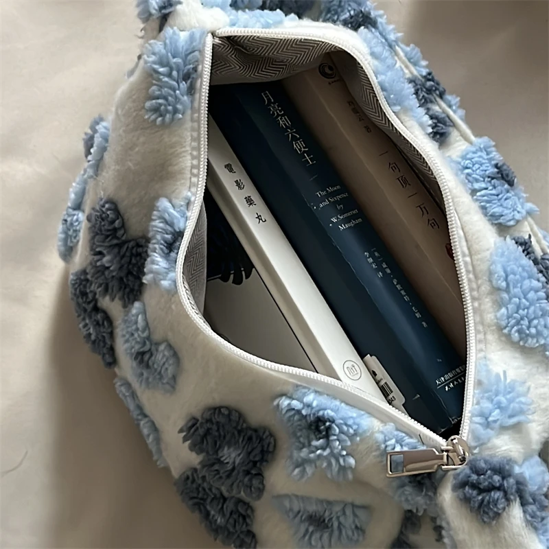 Faux Lamb Wool Crossbody Bags for Women Soft Plush Flowers Ladies Hobos Shoulder Bag Casual Female Large Capacity Tote Handbags