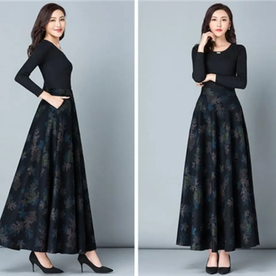 

Long Shirring Skirts for Women 2022 Spring Fall Chic Elastic Band Fashion A-Line Elegant Office Ladies Luxury Midi Skirt T322