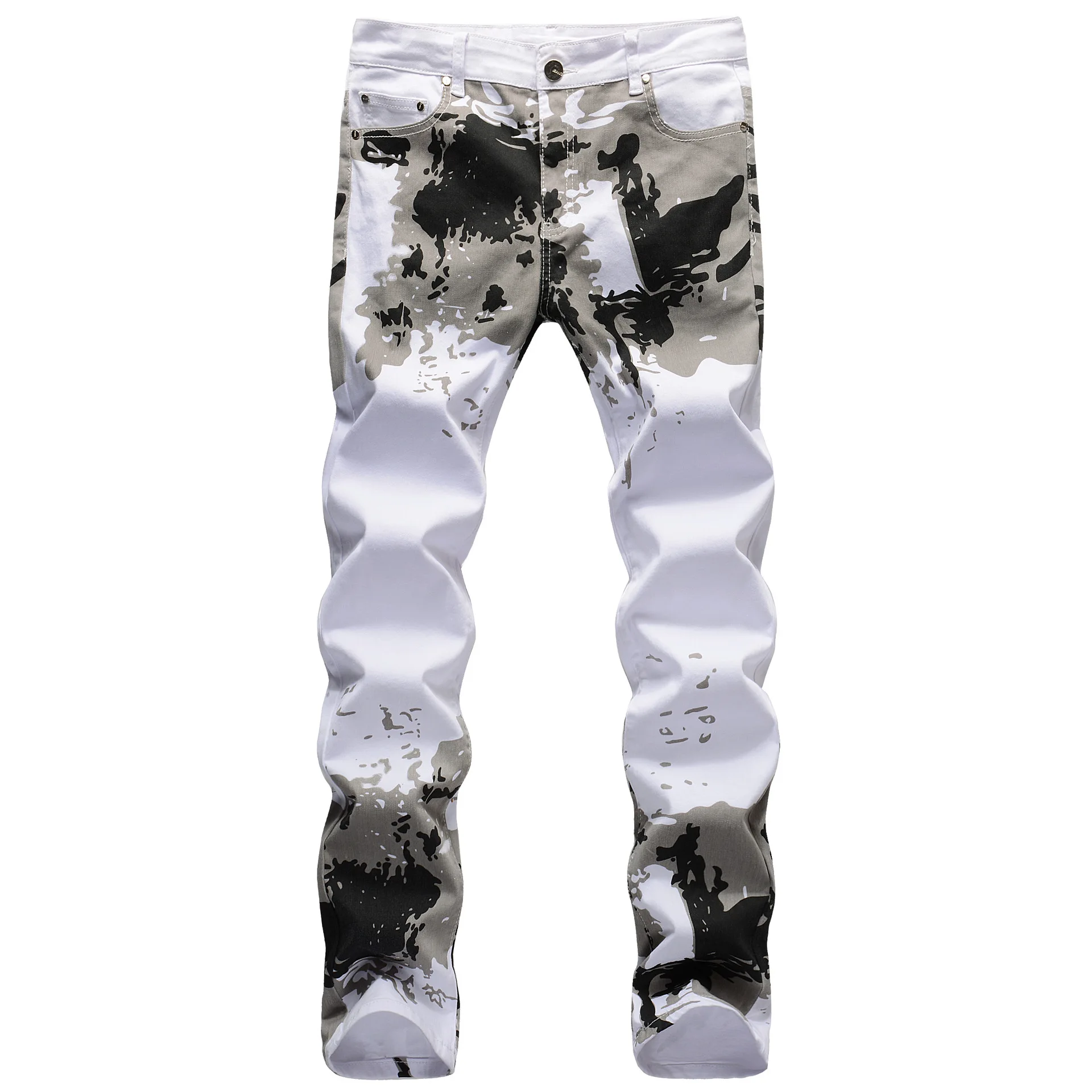 2023 Spring White Camouflage Print Jeans Men Stretch Slim Straight Denim Trousers Fashion Trend Long Pants High Street Jeans