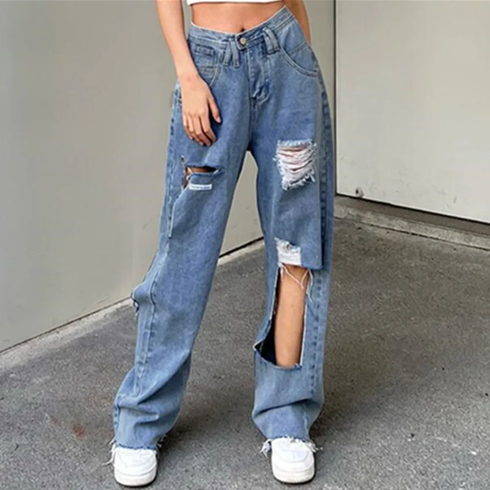 

Harajuku Vintage 90s Baggy Jeans Woman Sexy Tattered Back Buckle Hippie Jeans Distressed Washed Denim Straight Pants Y2K Clothes