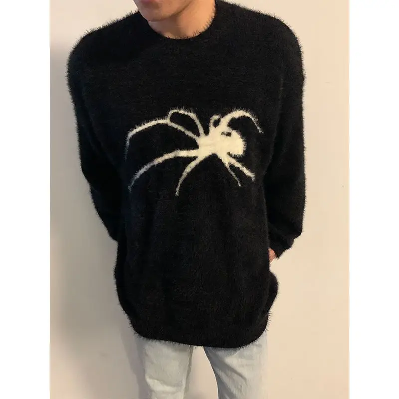 Gothic Spider Jacquard Sweater Men 2022 Autumn Winter Seahorse Hair Loose Unisex Knitted Sweater Y2k Streetwear Pullover Sweater