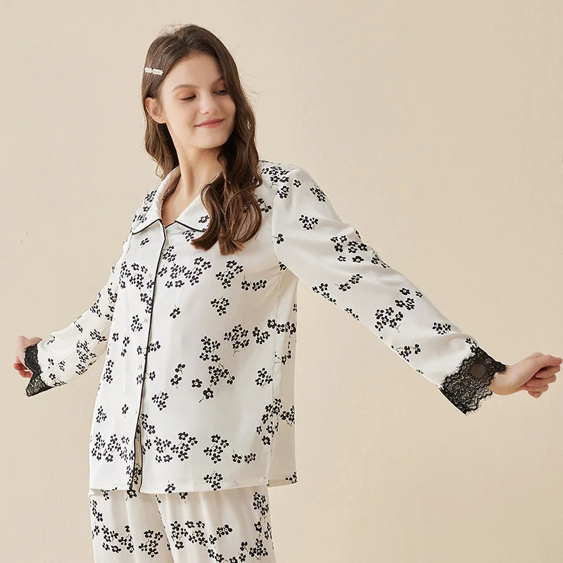 Imitation Silk Women's Pajamas Fashion Sleepwear Print Of Dots And Small Flowers Thin Long Sleeve Trousers Home Suit For Women