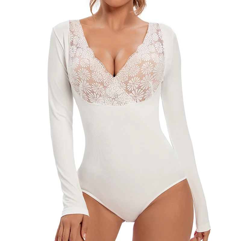 Bodysuits Long Sleeve Seamless Thermal Shaper JOYSHAPER Sexy Lace Patchwork Women Autumn Winter Deep V Neck Shapewear Undershirt