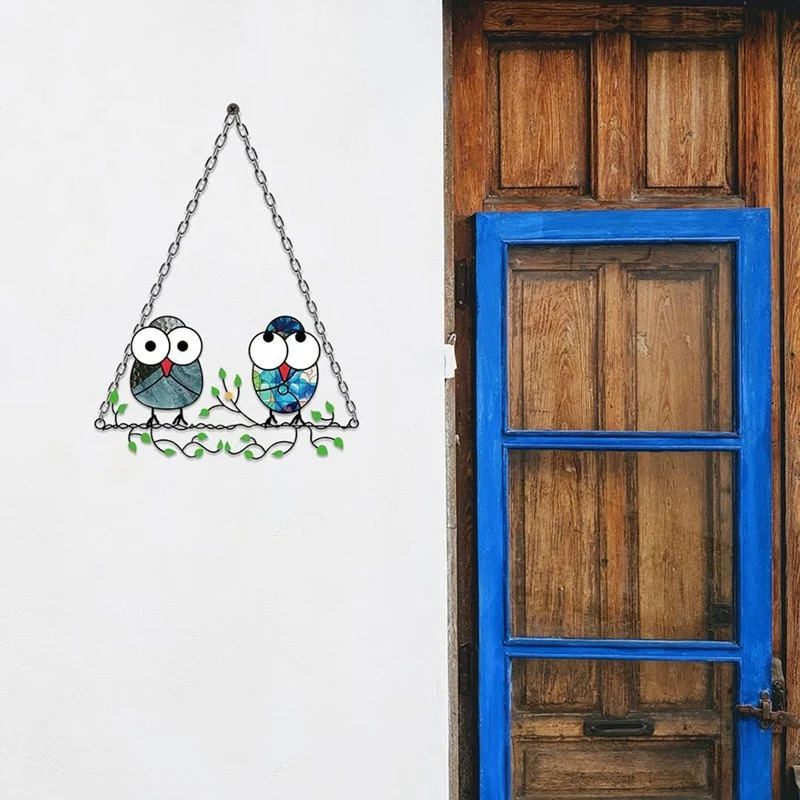 

2 PCS Multicolor Owls Window Hanging Suncatchers Panel Bird Stained As Shown Alloy + Acrylic For Wall Home Garden Decor Gift