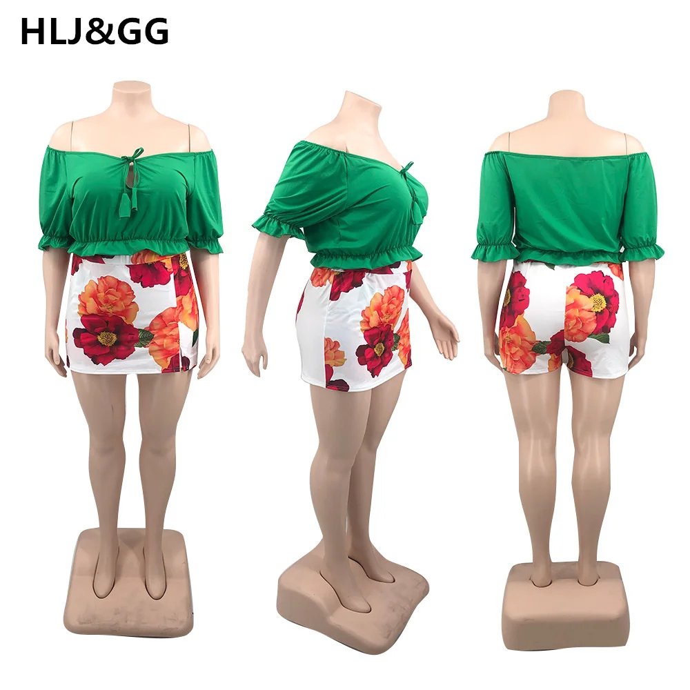 HLJ&GG Casual Skinny Plus Size 2 Piece Sets Women Off-should Ruffed Drawstring Tshirt+Short Dress Pants Fashion 2pcs Streetwear