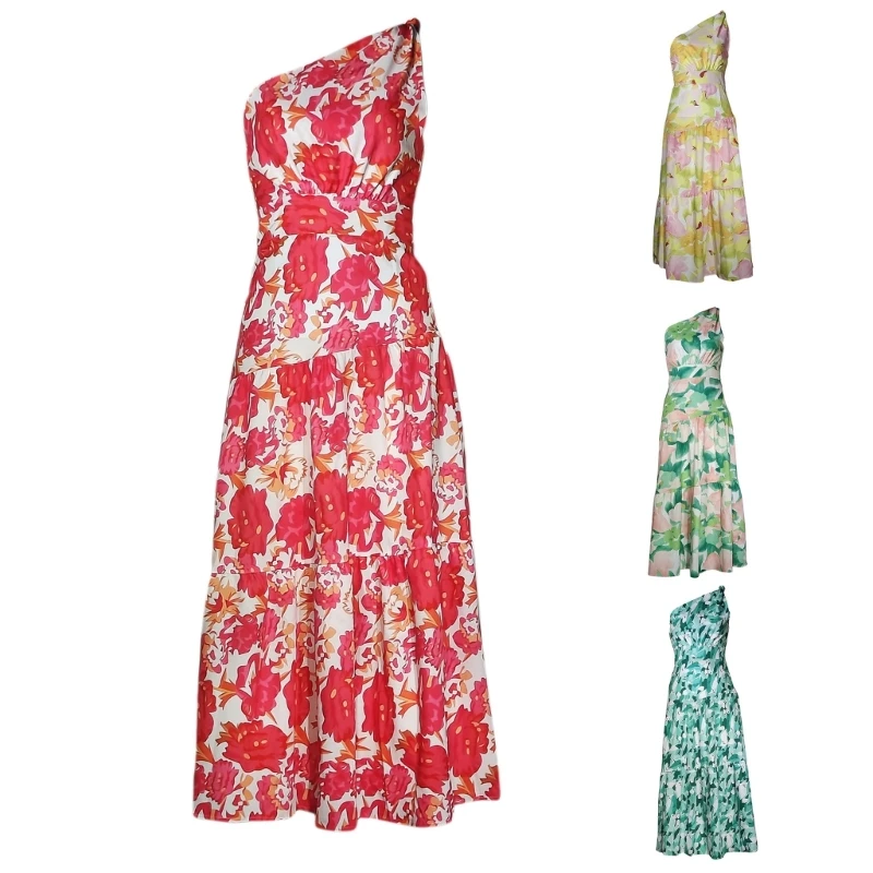 

50JB Summer Sleeveless Tube Top Dress Backless Floral Printed Long One Shoulder Off Dresses Ruffle Bodycon Women Outfits