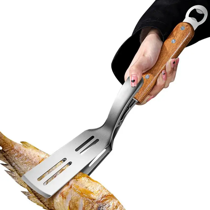 

Шпатель, щипцы для приготовления стейка, зажимы из нержавеющей стали 304, пищевой переворачивающийся зажим с деревянной ручкой для бифштекса...