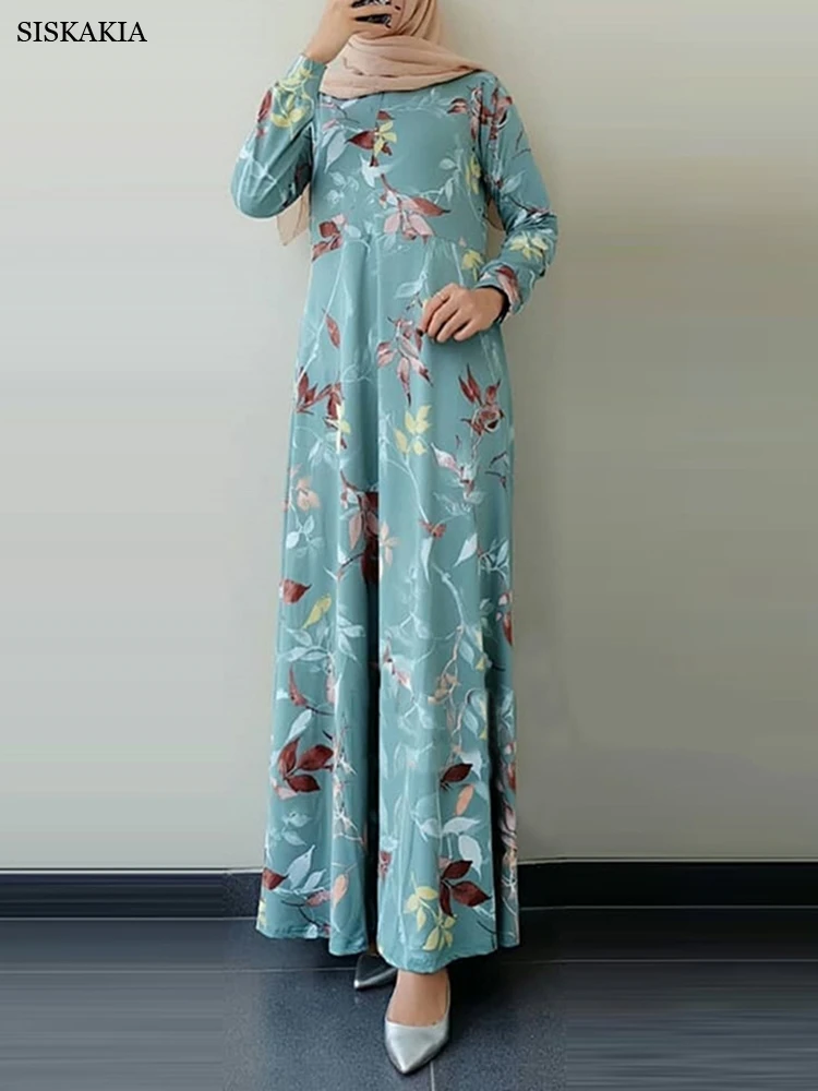 

Женское платье макси Siskakia, винтажное платье в этническом стиле с круглым вырезом и длинным рукавом, свободное платье трапециевидной формы, ...