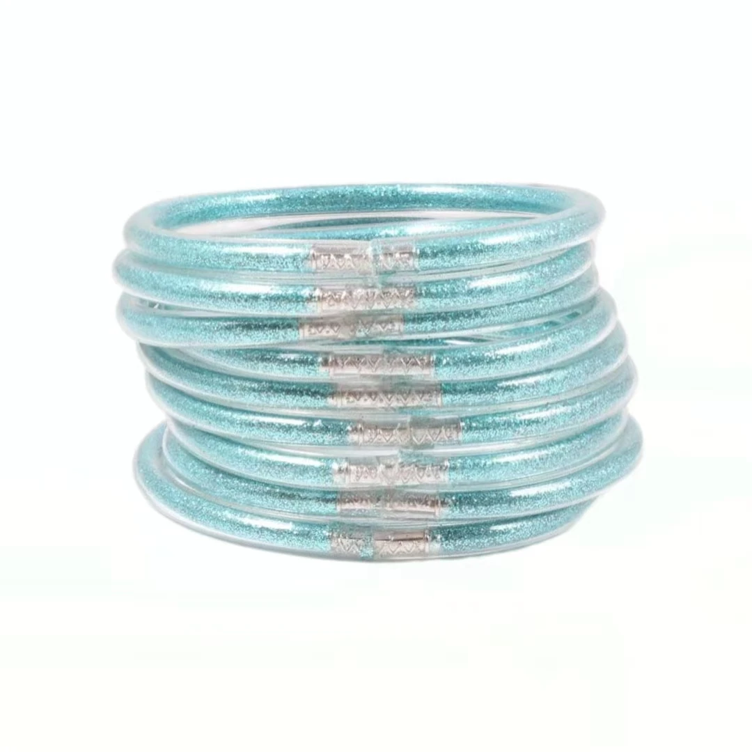 

Light Gold Color Glitter Filled Silicone Jelly Bracelet High Quality Buddha Girl Bracelets Bangle For Women Girls 9pcs/lot