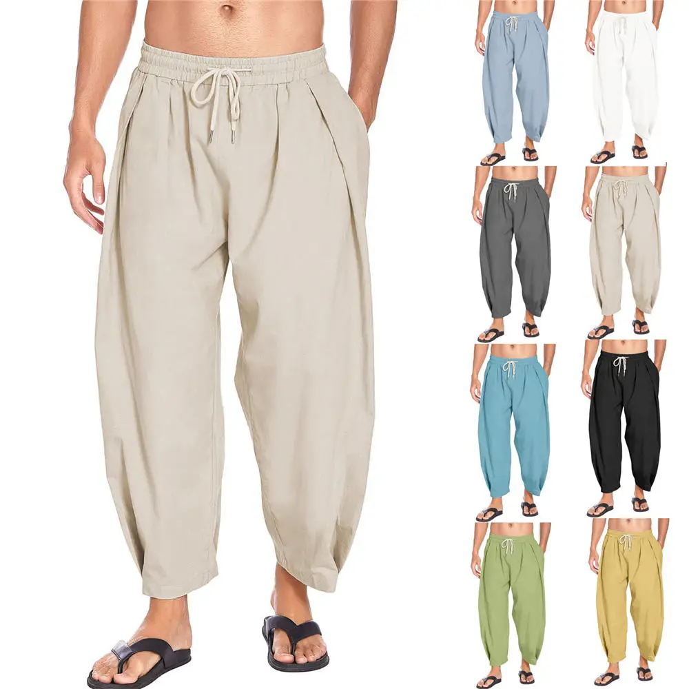 

Summer Beach Harem Pants Unisex Sarouel Cotton Linen Blend Wide Leg Capri Drawstring Elastic Waist Yoga Sweatpants