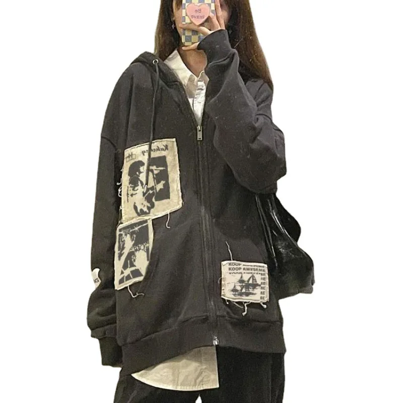 

Landuxiu Women's Street brown graffiti print zip vintage tops sweatshirts hoodies kawaii Blouse grunge y2k coats Autumn jackets