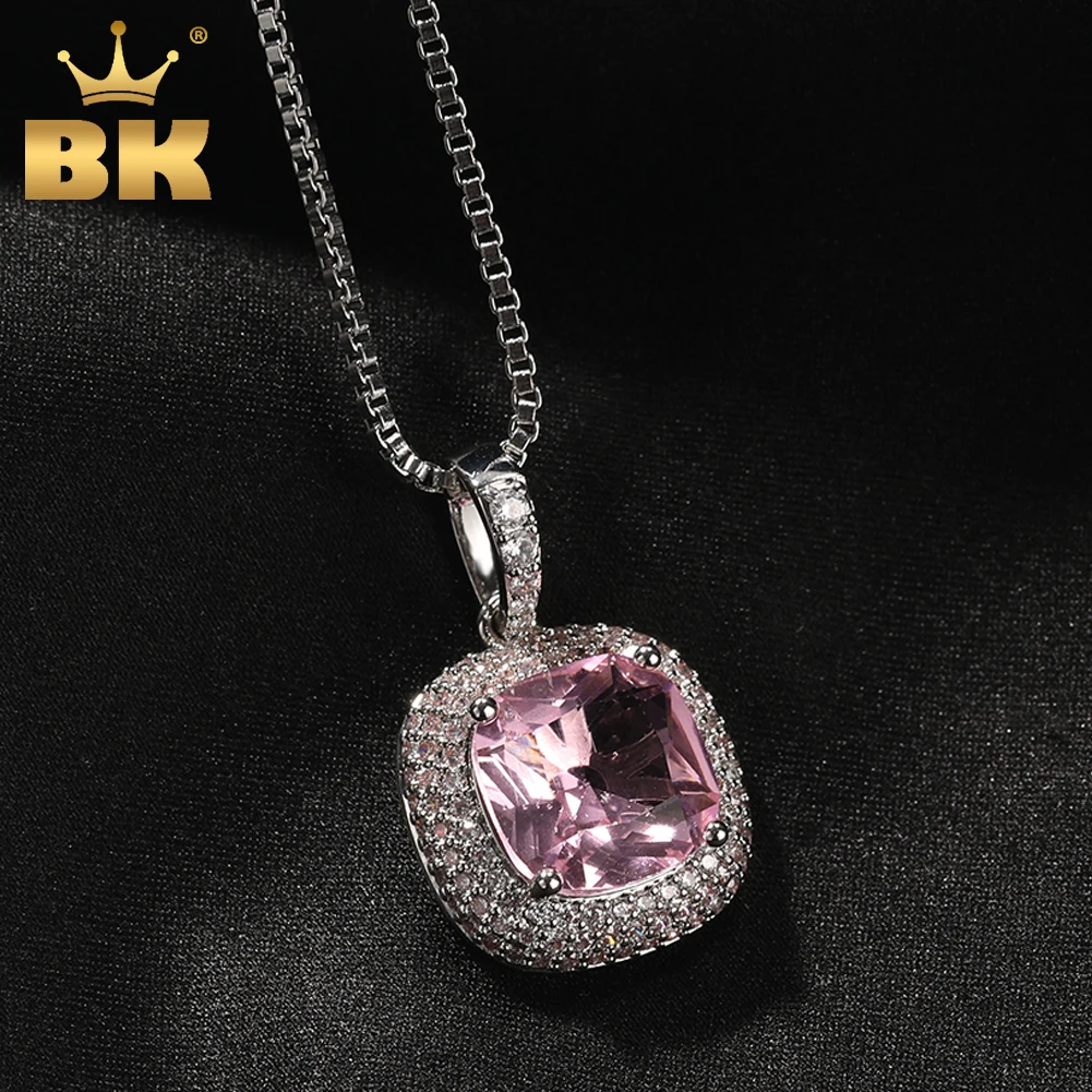 

THE BLING KING Square Gem Pendent Necklaces Iced Out Clear Pink Cubic Zirconia Charm Necklace For Women Fashion Hiphop Jewelry