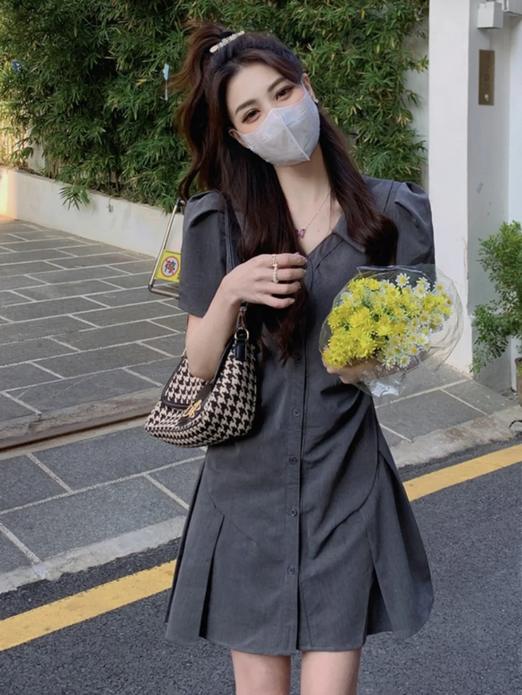 Waist-Tight Puff Sleeve Dress Women's Summer Sexy Oversize Cover Belly Plus Size Ladies Professional Suit Collar Short-Sleeve...