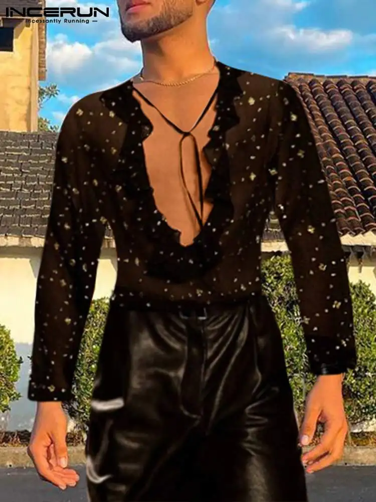 

Casual Well Fitting Men's Tops 2022 Sexy Leisure Breathable Mesh Blouse Fashion Male Drawstring Ruffle Long Sleeve Shirts S-5XL