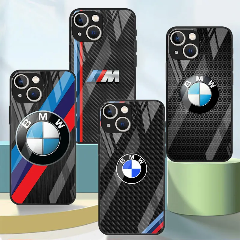 

Glass Case For Apple iPhone 14 11 13 Pro Max 12 Mini X XS 7 8 Plus XR SE 6 6S Funda Tempered Phone Cover Sport-BMW Logo Pattern
