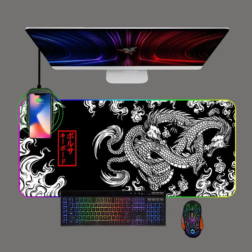 

Japanese Art Dragon Phone Wireless Charging Gaming Big Mouse Pad RGB Backlit LED Anime Keyboard Gamer Computer Offices Mousepad