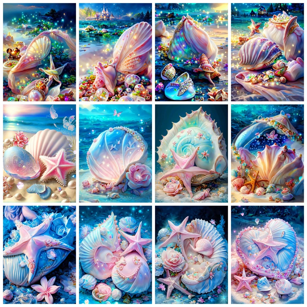 

Huacan 5d Diamond Painting Shell Starfish Scenery Home Decor Square/round Embroidery Mosaic Seaside Fantasy Landscape Picture