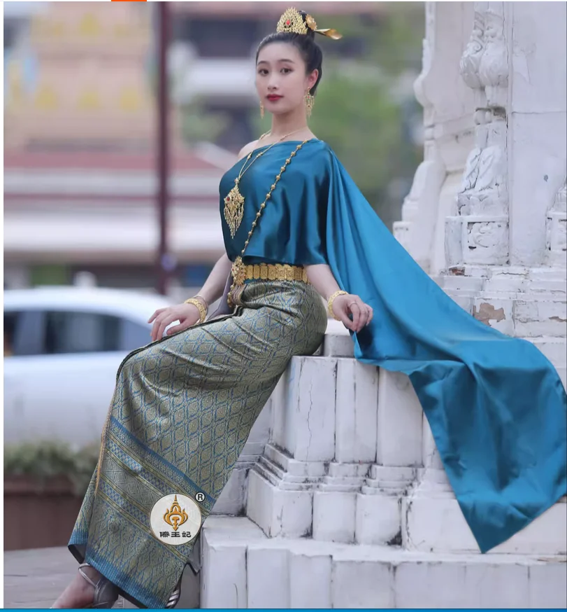 Традиционный тайский Женский костюм с одним плечом и драпированной вуалью