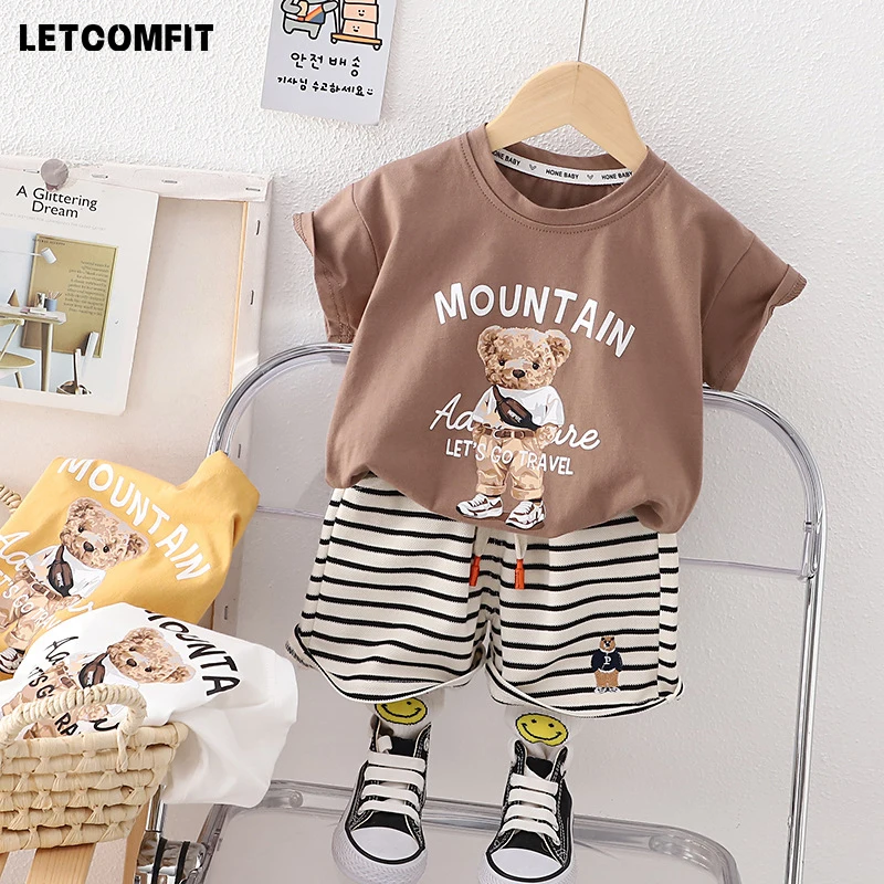 

2023 Children Summer breathable short-sleeved shorts suit Boys bear T-shirt