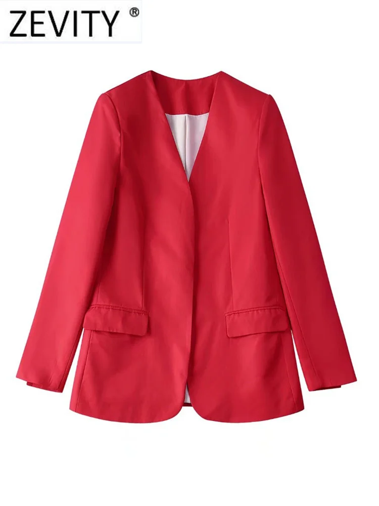 

Женский модный красный Повседневный Блейзер ZEVITY со скрытым рядом пуговиц, офисный женский шикарный деловой костюм с карманами с клапаном, женский пиджак CT1244