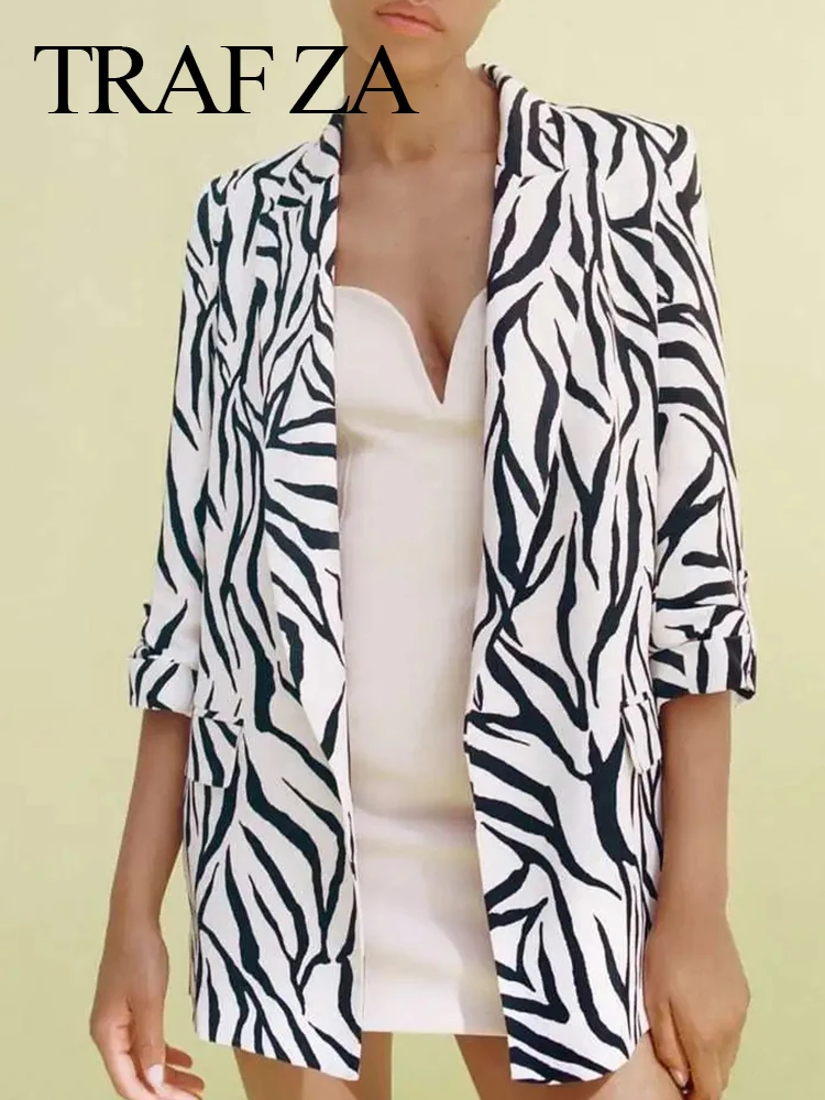 

TRAF ZA Versatile Hidden Button Fit Commuter Daily Office Women's Blazer Premium Zebra Print Fashion Long Sleeve Lady Blazer