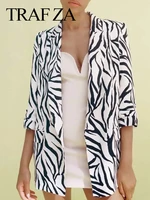 traf za versatile hidden button fit commuter daily office womens blazer premium zebra print fashion long sleeve lady blazer