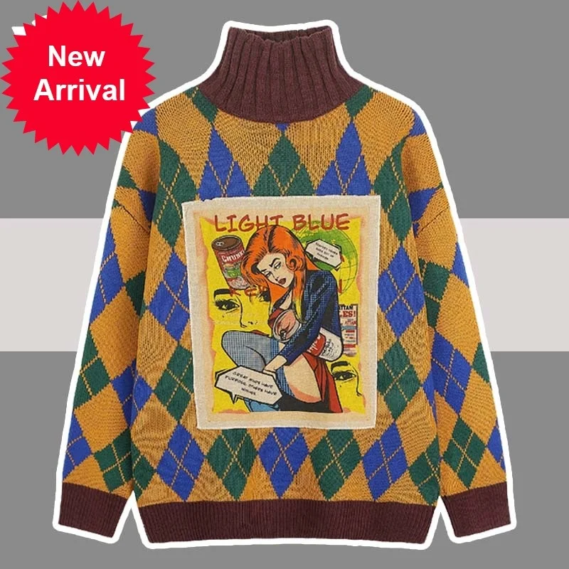 

Street Knitted Turtleneck High Sweaters Men Women Oversize Argyle Grid Hip Hop Cartoon Appliques Casual 2023 Fashion Pullovers