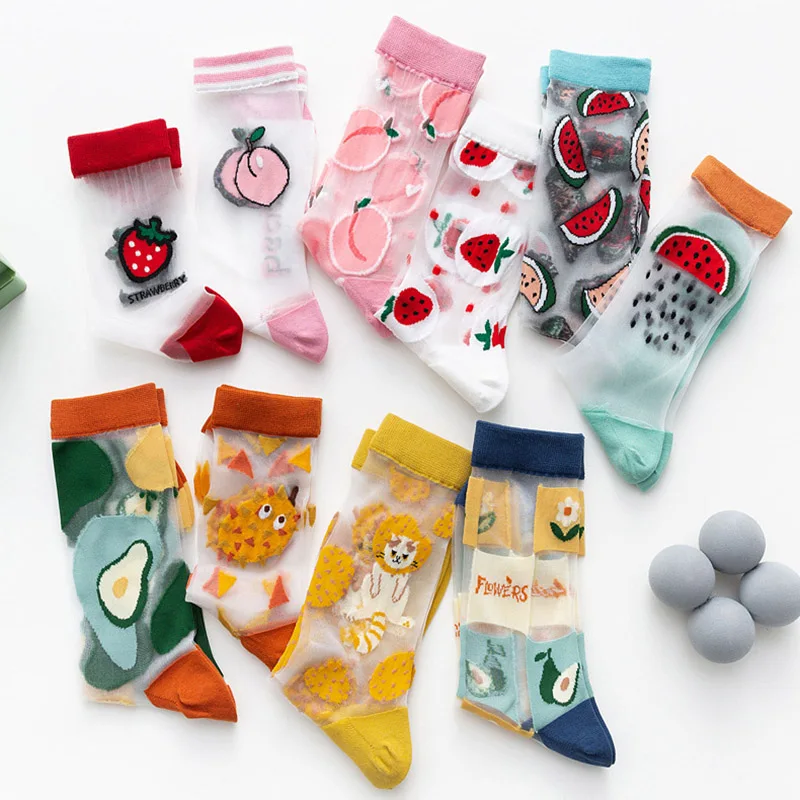 

1 Pair Crystal Silk Tide Socks Ultrathin Fruit Cartoon Socks Girl Summer Glass Transparent Socks Socks Women Funny Socks