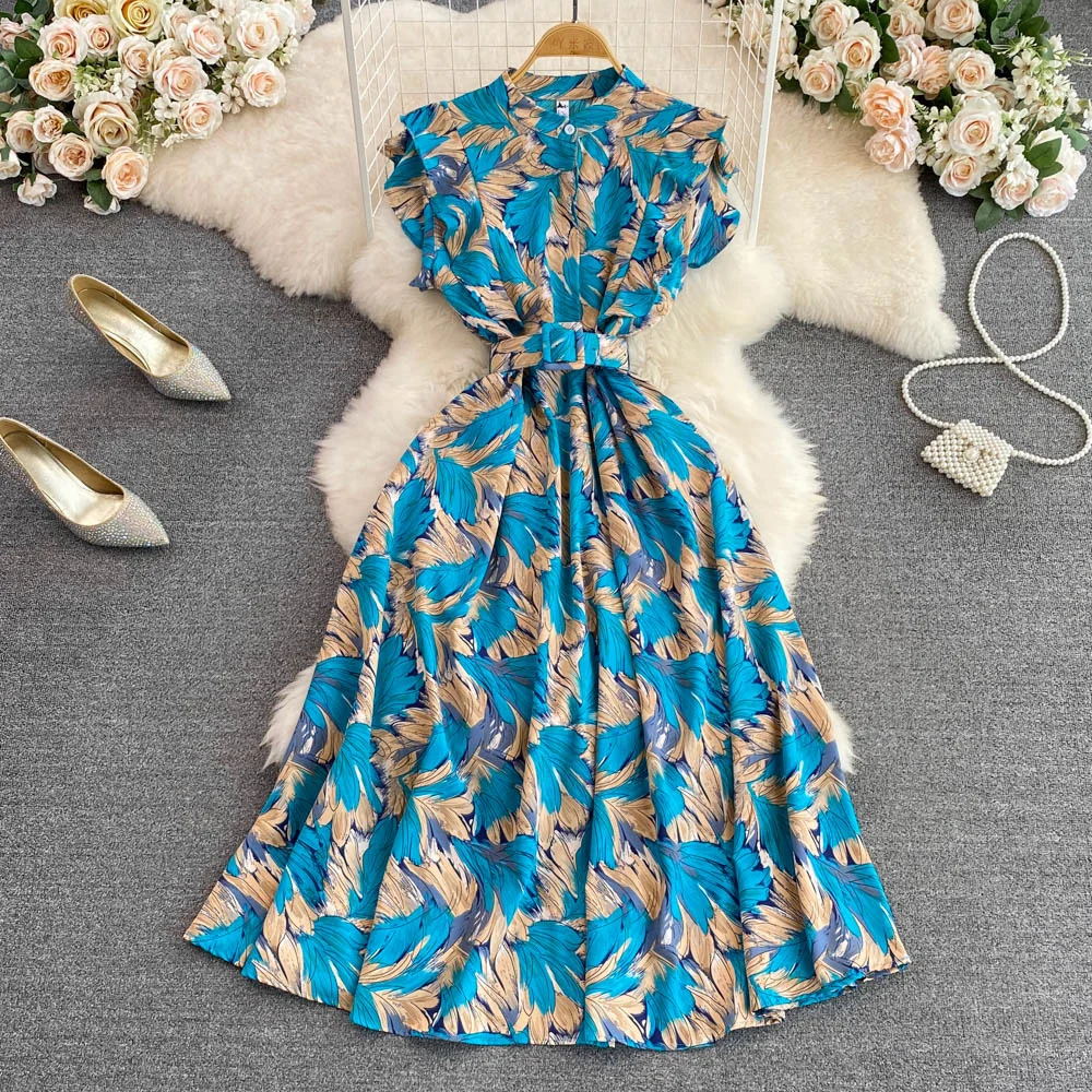 

Gentle style standing collar with a waistband to show slimming print Aline large swing dress summer high waisted elegant