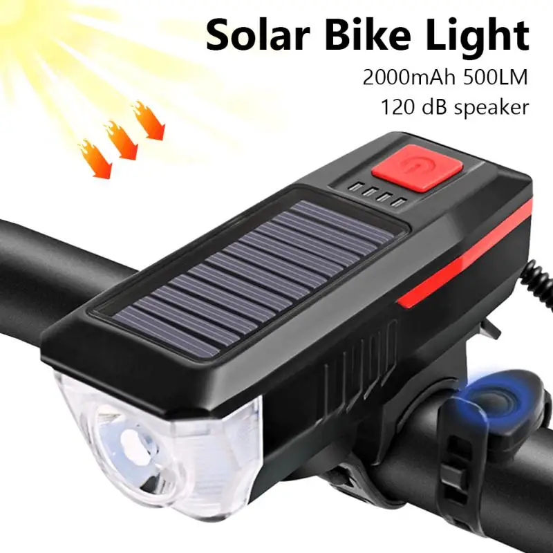 

New Bike Light Solar USB Rechargeable Double Charging Horn Lamp Waterproof Bicycle Headlight Bike Front Light Waterproof + Horn