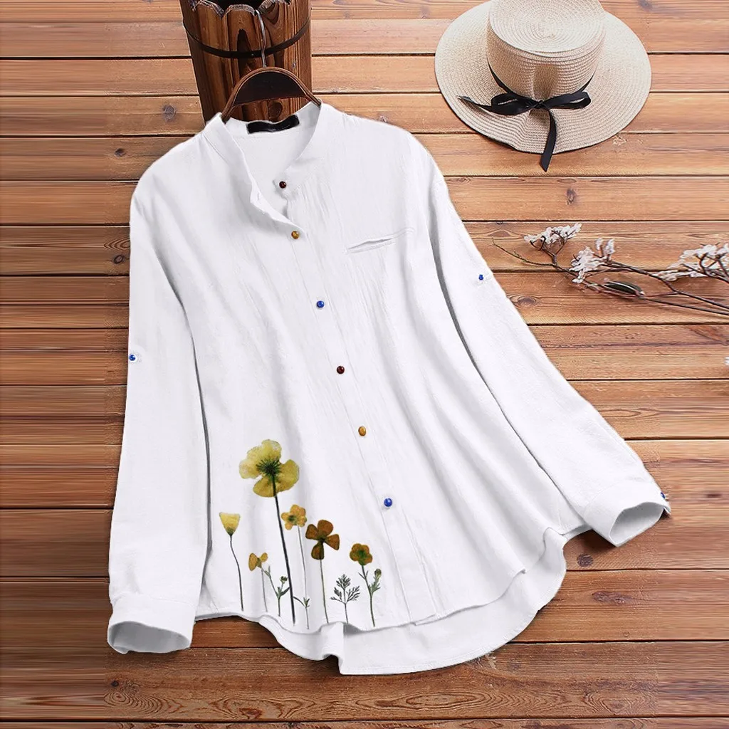 

Women Floral Blouse And Shirt Summer Long Sleeve Turn Down Collar Loose Tunics Elegant Chic Blouse Streetwear Cardigan Tops