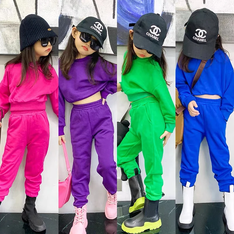 

Spring Autumn Girls 2 Pcs Set Baby Sweat Shirt + Pants Kids Tracksuits Children Activewear Bright Color Solid 4-11Y