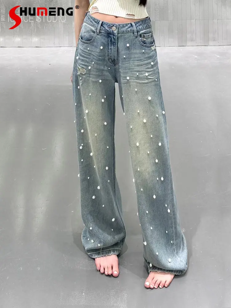 Pearl Wide-Leg Jeans for Women Spring/Summer Heavy Industry Beads High Waist Loose Straight Trousers Trendy Mop Denim Pants