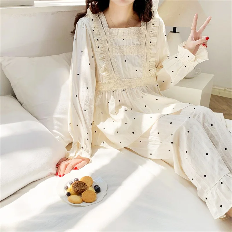 Women's Pajamas Set Full Sleeve T-shirt Long Pants 2Piece/Set Sexy Polka Dot Cotton Pyjama Big Size Princess Homewear Lace PJS
