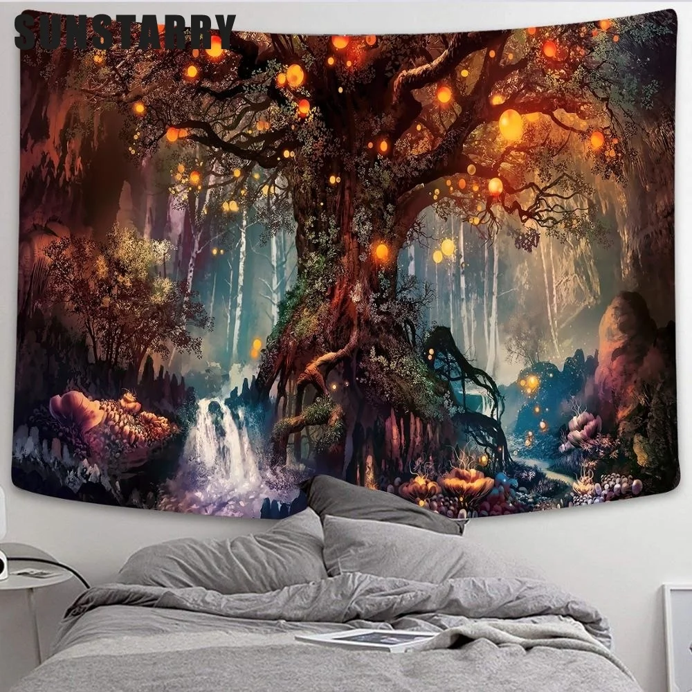 

New Mushroom Forest Castle Tapestry Fairytale Trippy Colorful Butterfly Wall Hanging Tapestry for Home Dorm Fantasy Decor