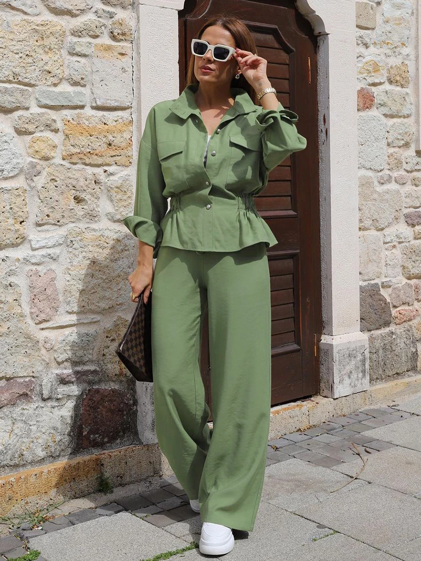 

Marthaqiqi Green Loose Ladies Pajamas 2 Piece Suit Long Sleeve Sleepwear Turn-Down Collar Nightwear Wide Leg Pants Home Clothes