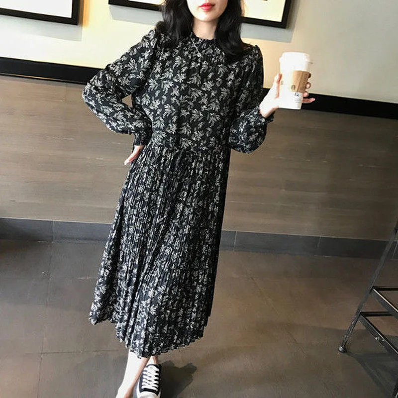 

Spring Summer Print Korean Chiffon Dress Unif Women Flower Casual Party Dress O-Neck Lantern Sleeve Sexy Dress Boho Dresses