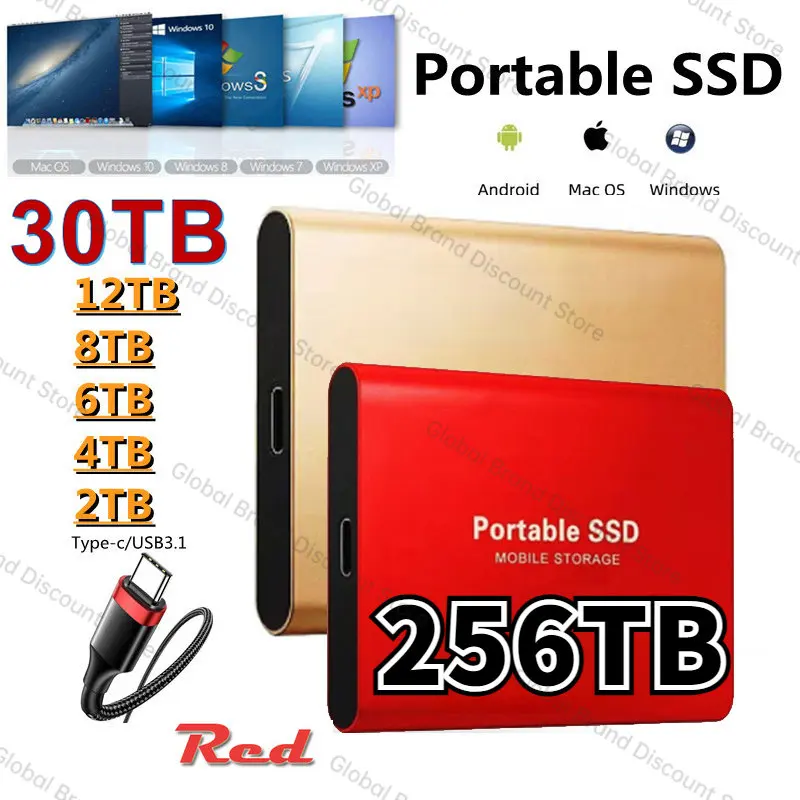 

Portable SSD 256TB Mobile Solid State Drive 64TB 16TB 8TB External Storage Decives Type-C USB 3.1 Interface for Laptop/PC/ps5