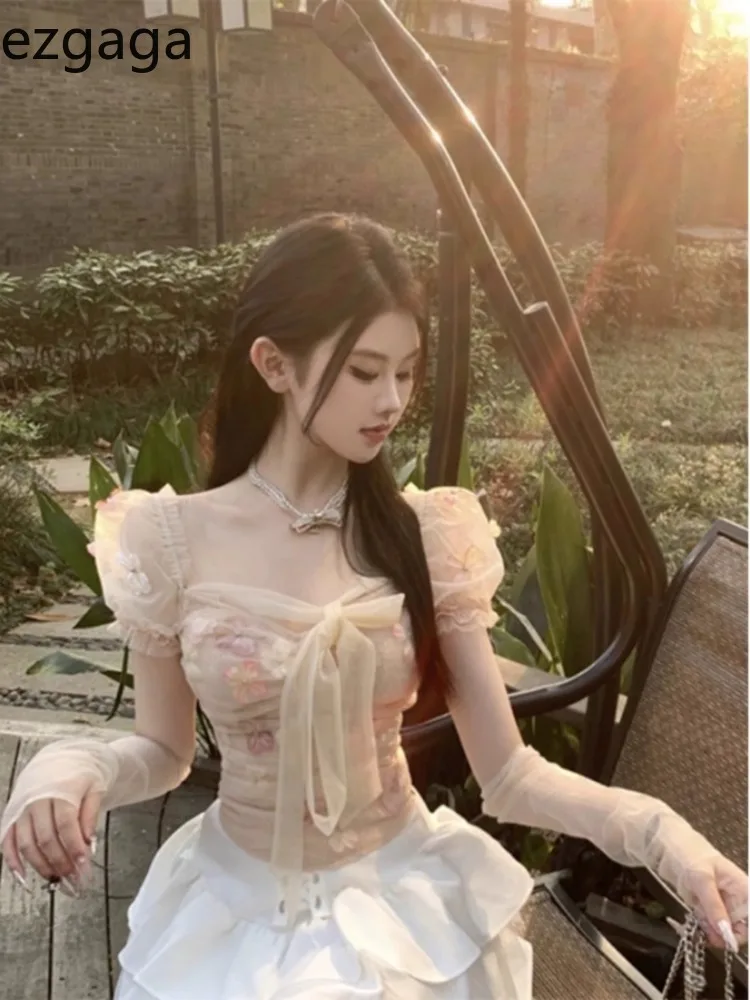 Женские рубашки Ezgaga с цветочным кружевом лоскутное шитье бандажный вырез тонкий