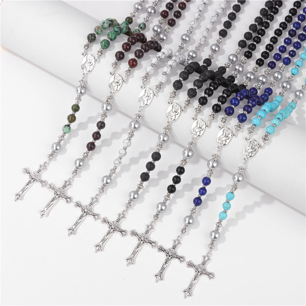 

Christian Jesus Cross Necklace Bracelets For Women Men Silver Color Virgin Mary Long Chain Stone Beads Necklace Prayer Jewelry