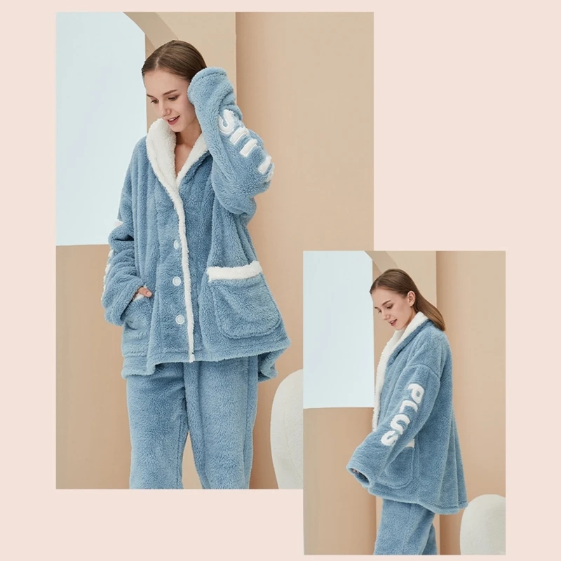 Women Fuzzy Pajamas Sets 2 Piece Fleece Oversized Button Down Top and Pants Embroidery Velvet Loose Loungewear Sleepwear P8DB