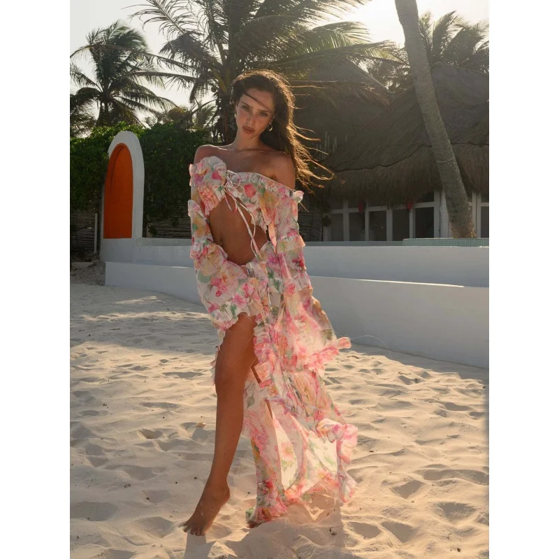 2024 сексуальный пляжный костюм с цветочным принтом на шнуровке Новое кружевное
