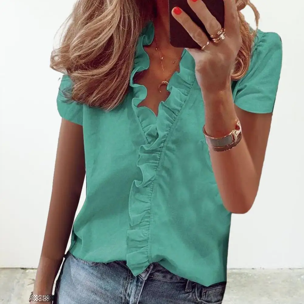 

Beautiful Summer Blouse Flounce Edge Lace Solid Color Commute OL Style Summer Blouse Women Summer Shirt Dating