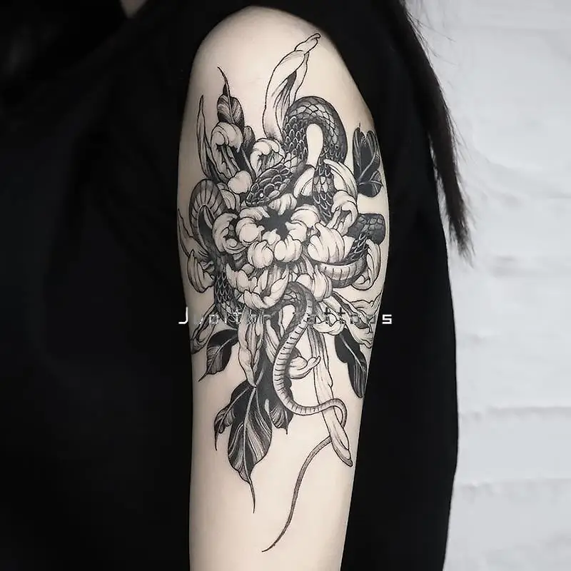 Snake Chrysanthemum Tattoos Waterproof Temporary Tattoo for Woman Men Fake Tattoo Stickers Lasting Arm Tattoo Flower Art Tattoo