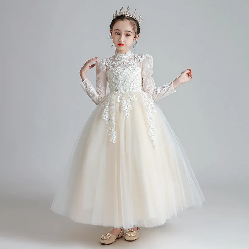 White Princess Evening Dress Long Sleeve New Puffy Yarn Flower Girl Wedding Dress Children'S Host Piano Performance Dress enlarge