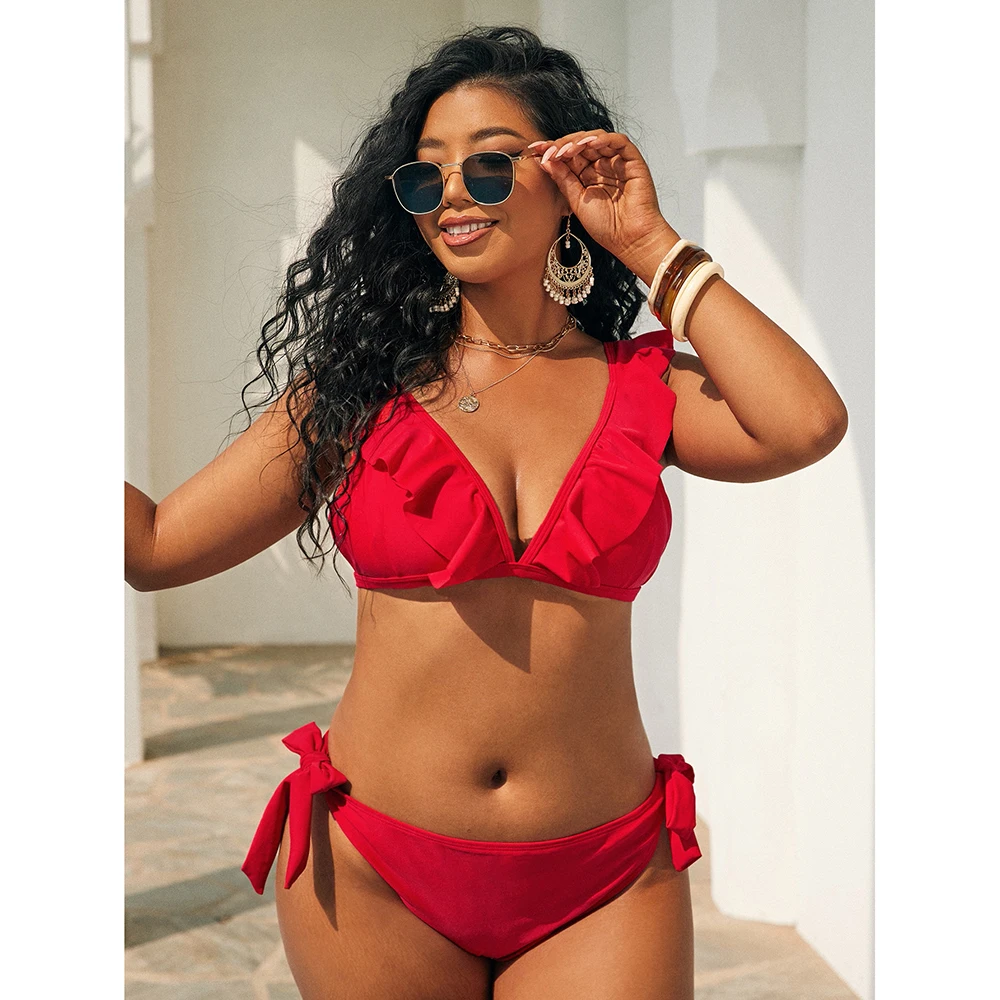 

2021 Women Sexy Solid Mid Waist Bikini Split Swimsuit Two Pieces Ruffle Lace Up Swimwear