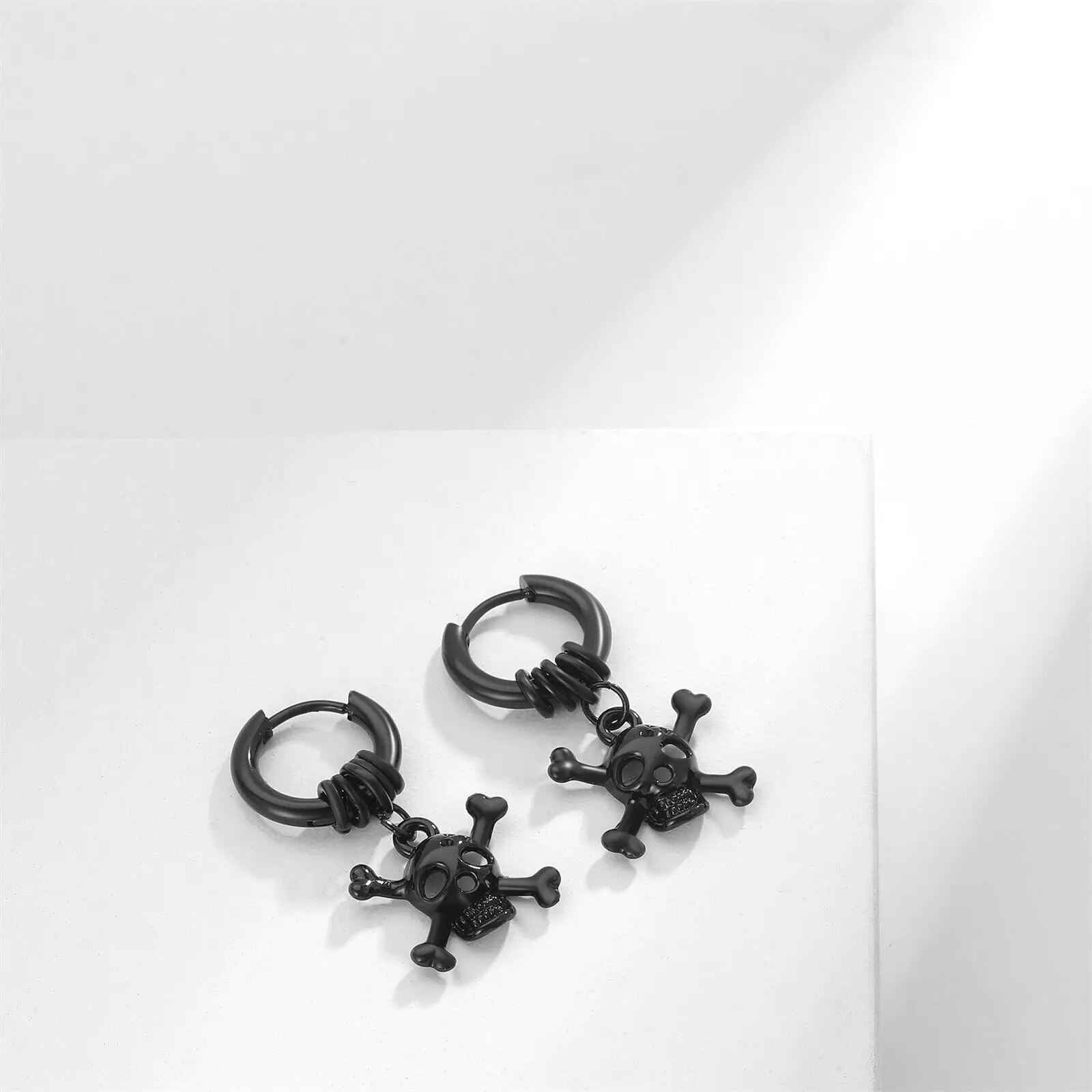 2pcs Stainless Steel Skull Head Earrings Drop Dangle Hoop Men Women Gothic Punk Halloween Gift