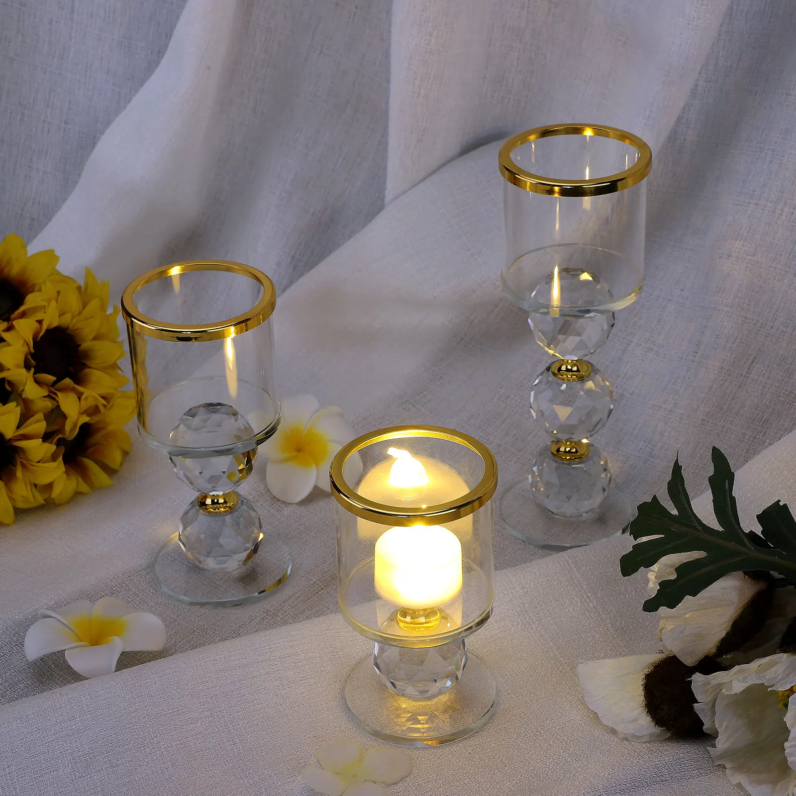 

3pcs Clear Round Glass Balls And Lampshade Crystal Glass Pillar Candlestick Holders Candle Stands Tea Light Candlesticks